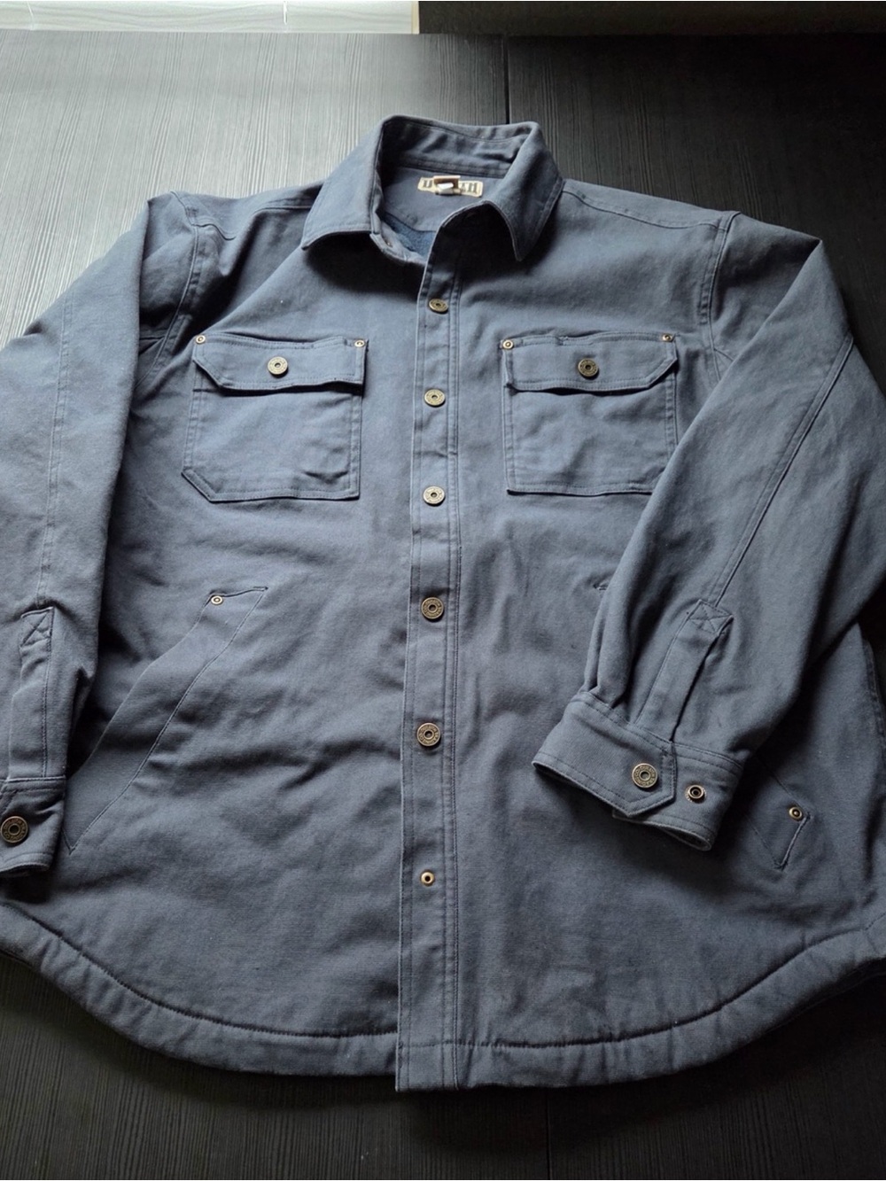 Duluth Trading Co Navy Jacket with Tan Label